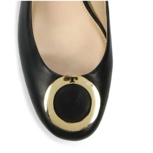 Tory Burch Caterina Pump Black Nappa Leather Heels with Gold Hardware Accent - Picture 3 of 9